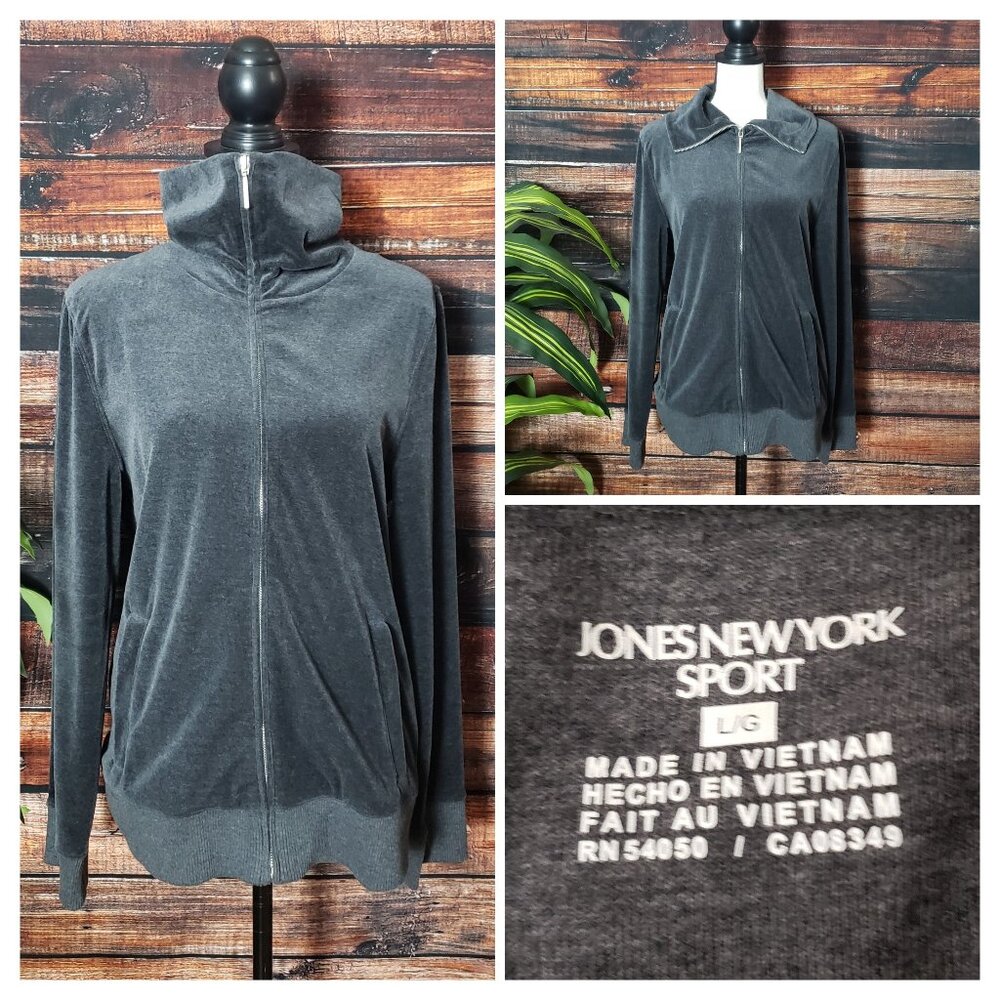Jones New York Sport Velour Jacket Sweatshirt L Gray Full Zip Pockets